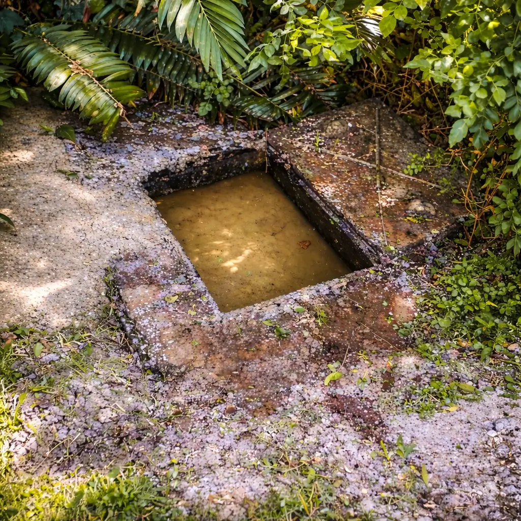 Emergency Plumber responding to an outdoor drainage inspection pit filled with standing water