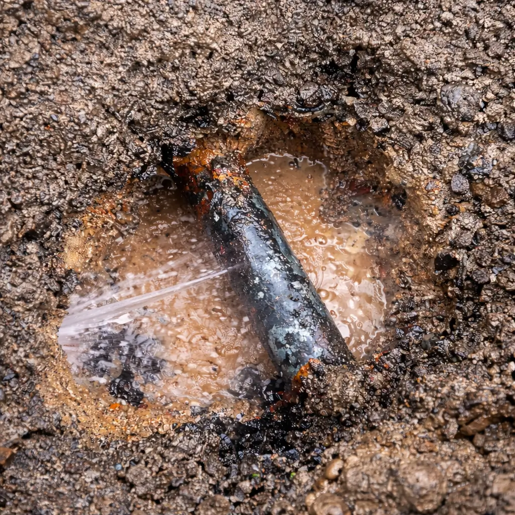Leak Detection showing an underground water pipe leaking into wet soil during residential repair work